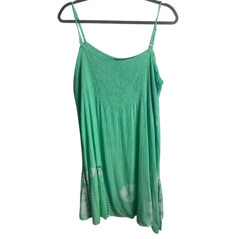 Earthbound Size Large Smocked Dress Green Gauze Embroidered Hippie Boho Tie Dye - Picture 1 of 5